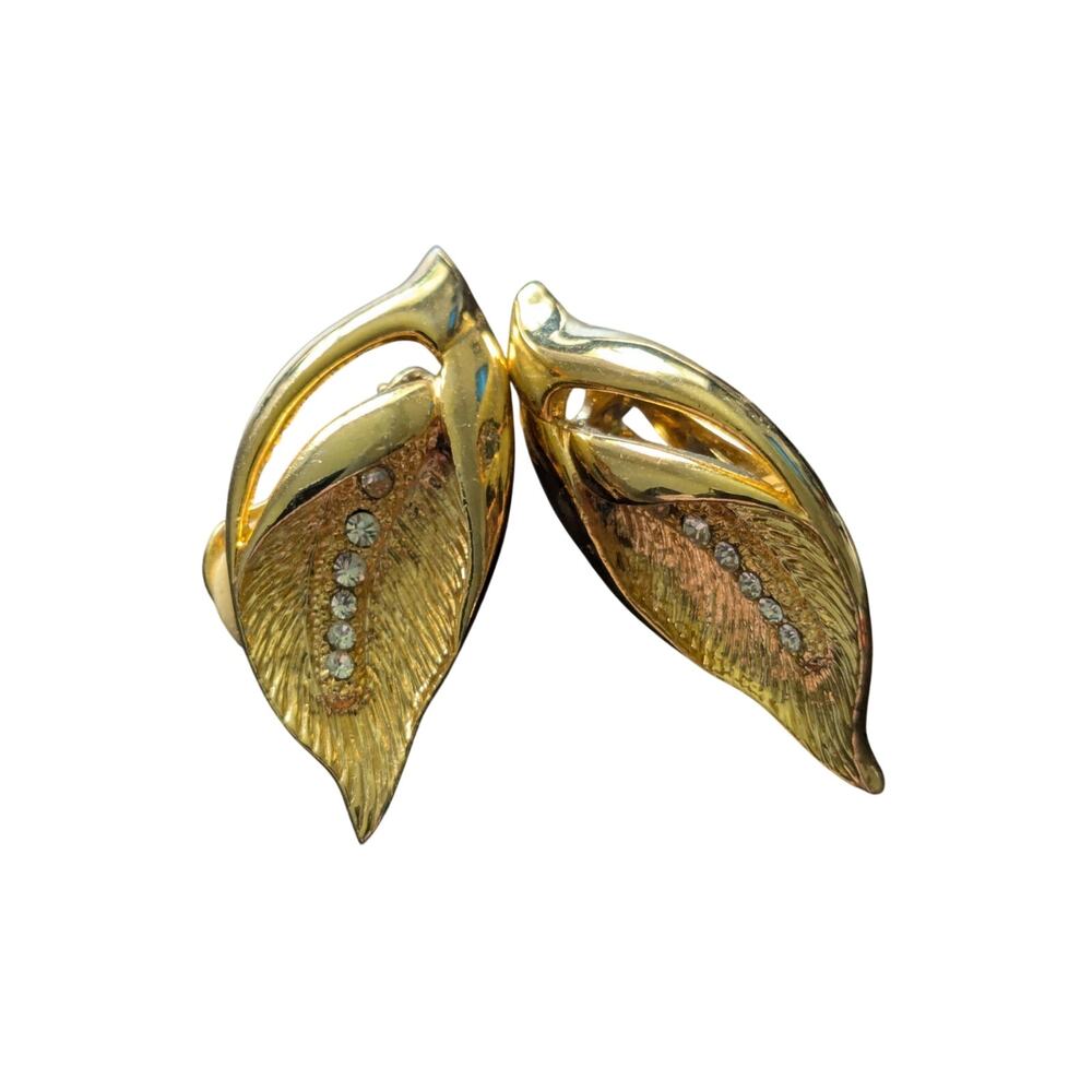 Vintage Gold Leaf Earrings Clip on Diamond Rhinestone Details